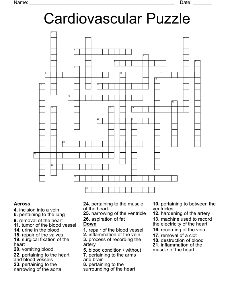 Cardiovascular Puzzle Crossword WordMint