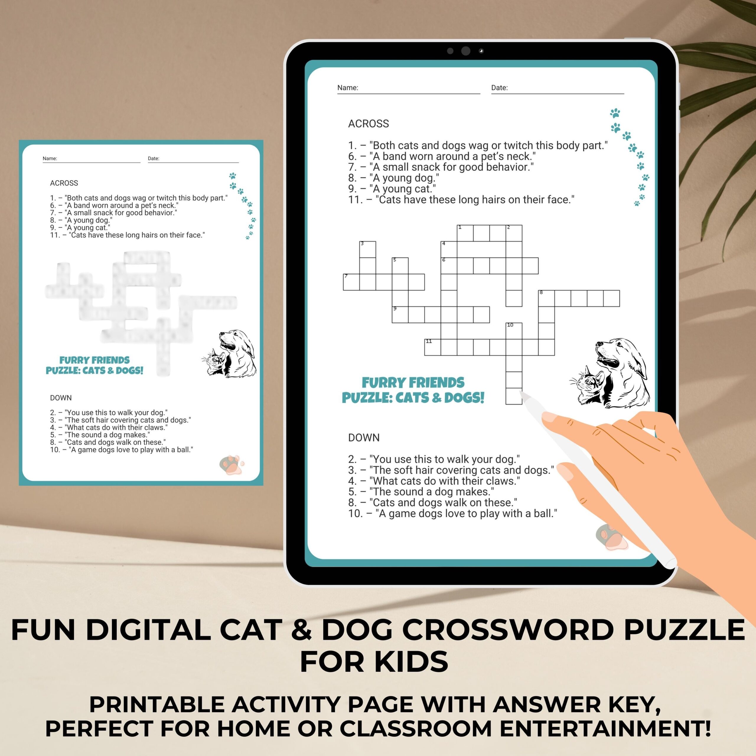 Cat Dog Crossword Puzzle Fun Kids Activity printable PDF Etsy Ireland