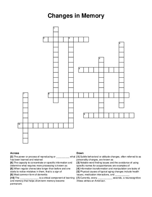 Changes In Memory Crossword Puzzle Changes In Memory Crossword Puzzle