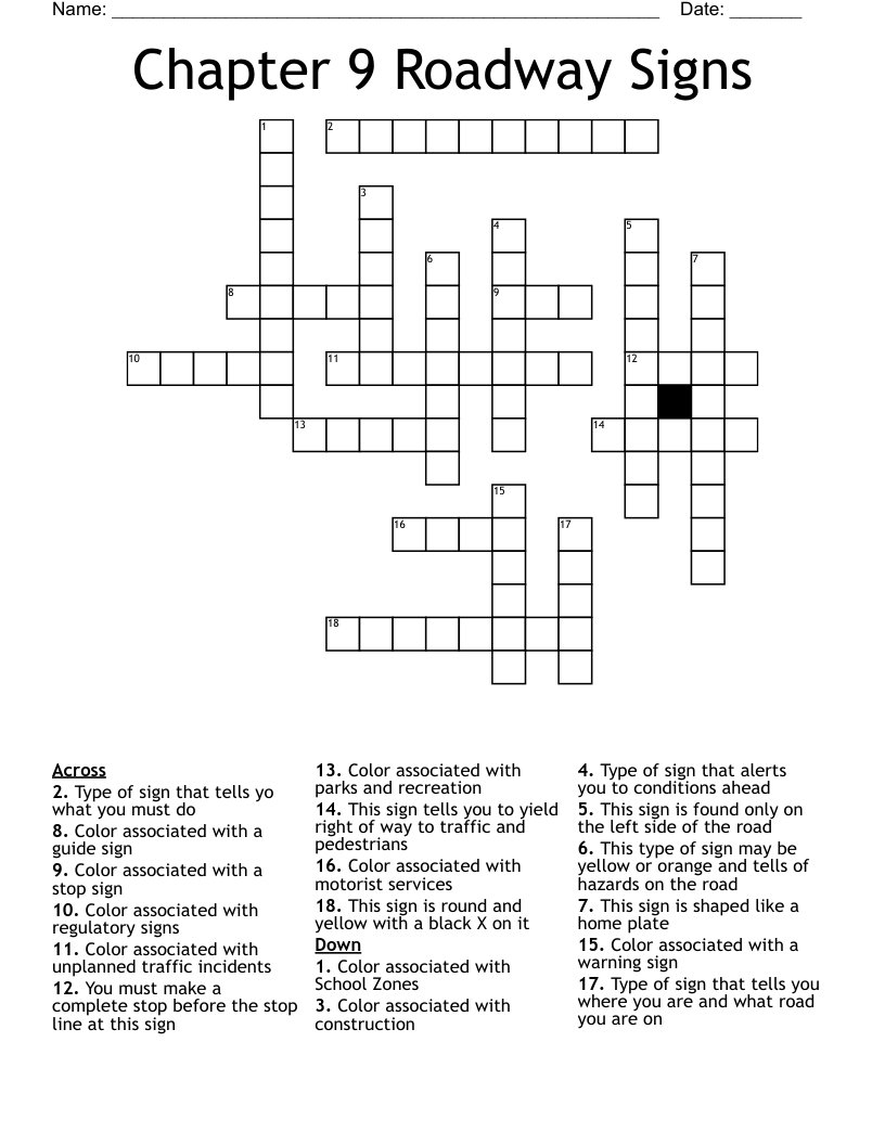 Chapter 9 Roadway Signs Crossword WordMint
