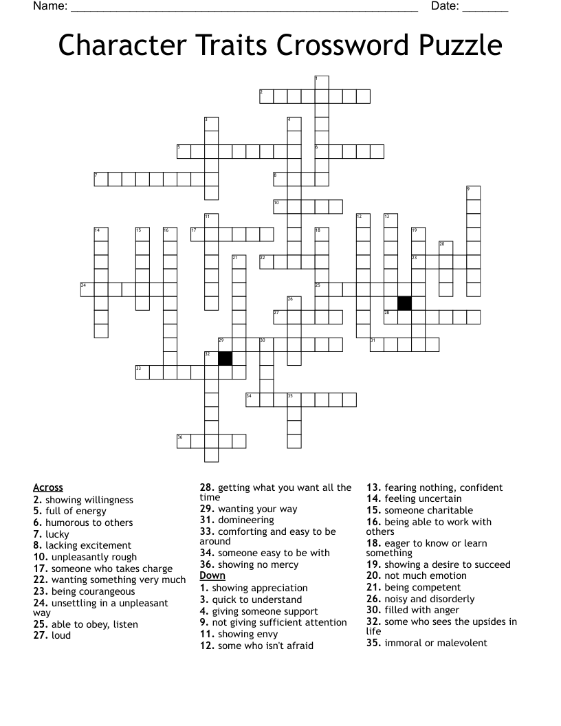 Character Traits Crossword Puzzle WordMint