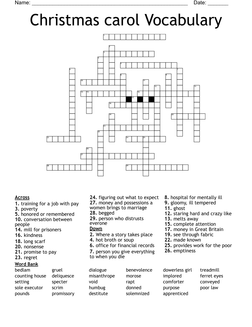 Christmas Carol Vocabulary Crossword WordMint