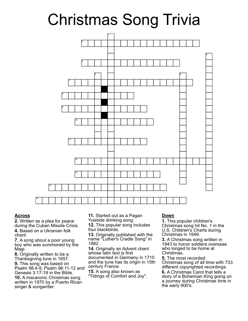 Christmas Song Trivia Crossword WordMint