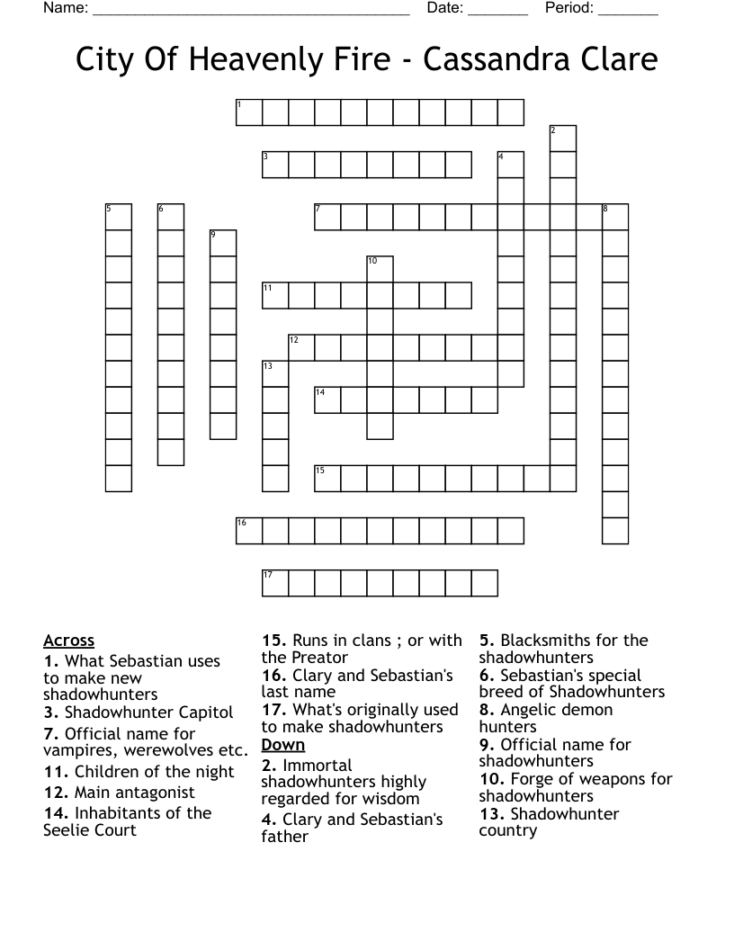 City Of Heavenly Fire Cassandra Clare Crossword WordMint City Of Heavenly Fire Cassandra Clare Crossword WordMint