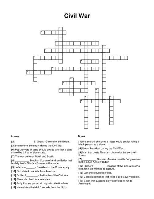 Civil War Crossword Puzzle Civil War Crossword Puzzle