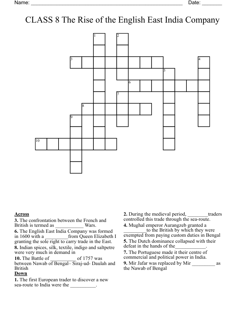 CLASS 8 The Rise Of The English East India Company Crossword WordMint