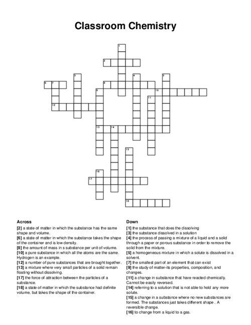 Classroom Chemistry Crossword Puzzle Classroom Chemistry Crossword Puzzle