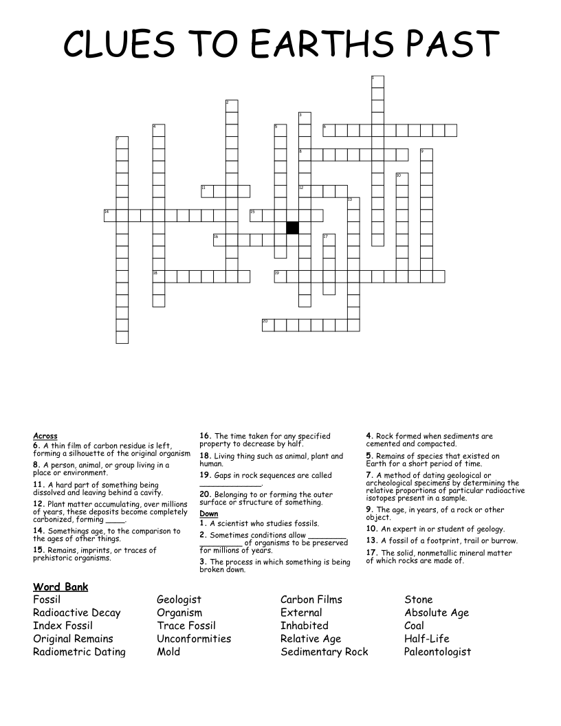 CLUES TO EARTHS PAST Crossword WordMint CLUES TO EARTHS PAST Crossword WordMint