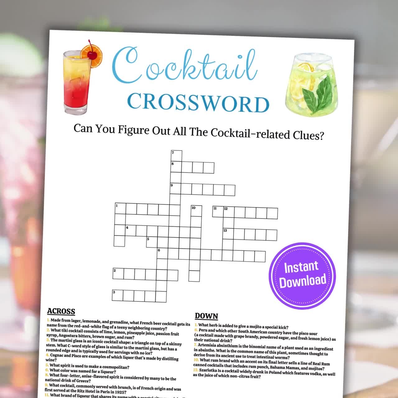 Cocktail Crossword Game Printable Cocktail Crossword Puzzle Game Cocktail Party Games Cocktail Trivia Game Instant Download PDF Etsy Canada
