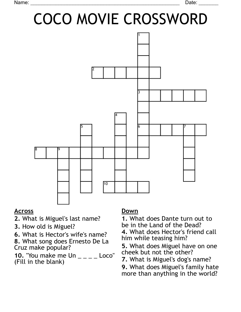 COCO MOVIE CROSSWORD WordMint COCO MOVIE CROSSWORD WordMint