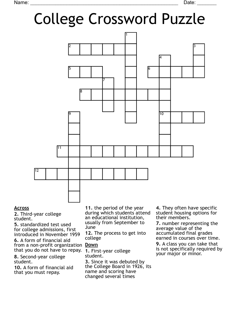 College Crossword Puzzle WordMint