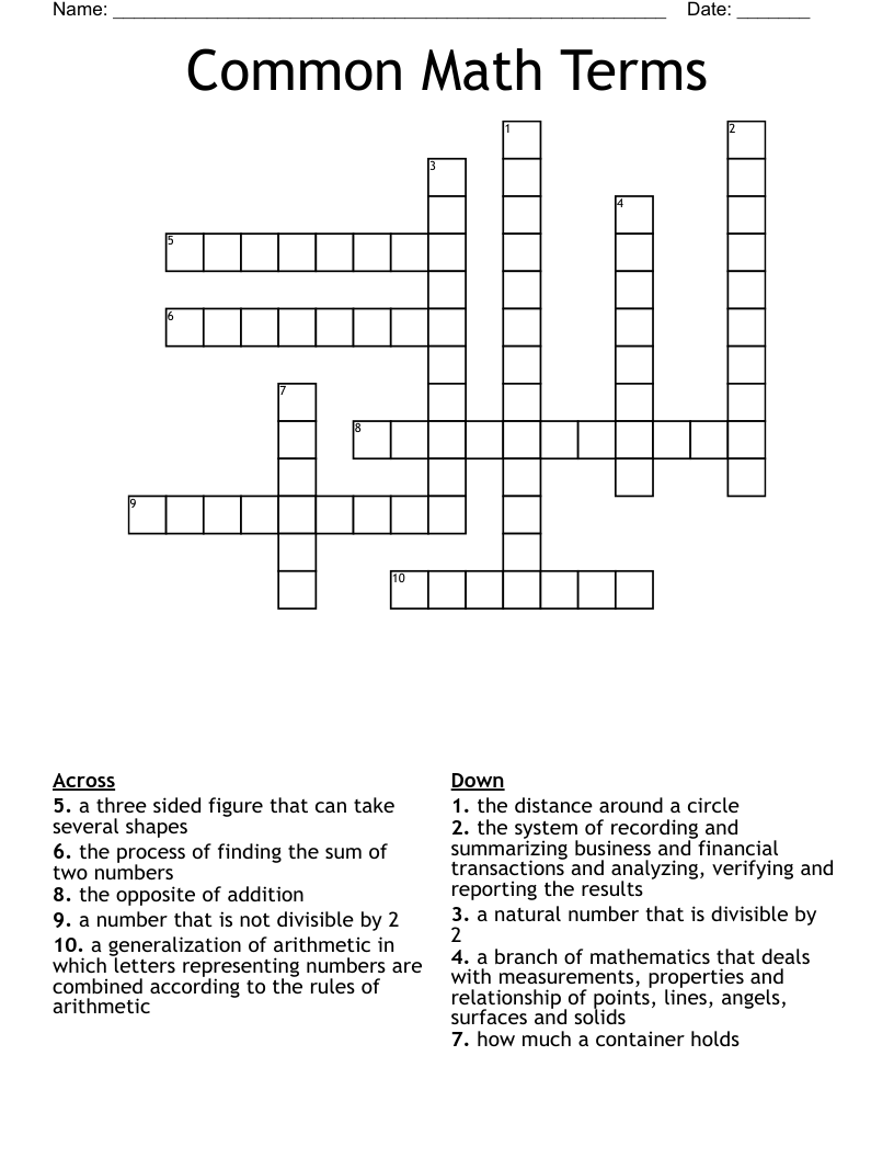 Common Math Terms Crossword WordMint Common Math Terms Crossword WordMint