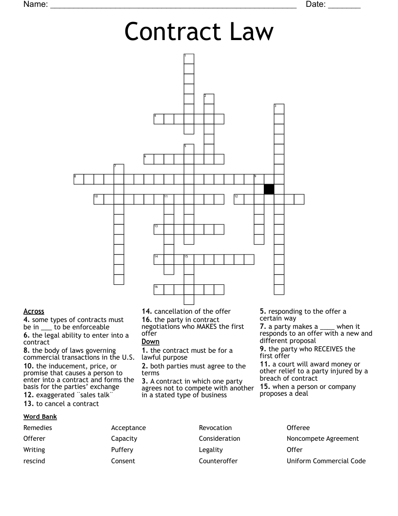 Contract Law Crossword WordMint