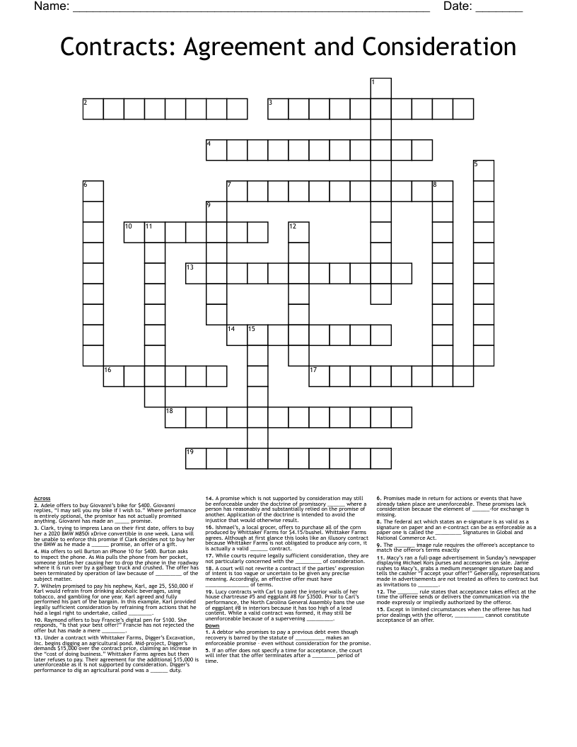 Contracts Agreement And Consideration Crossword WordMint