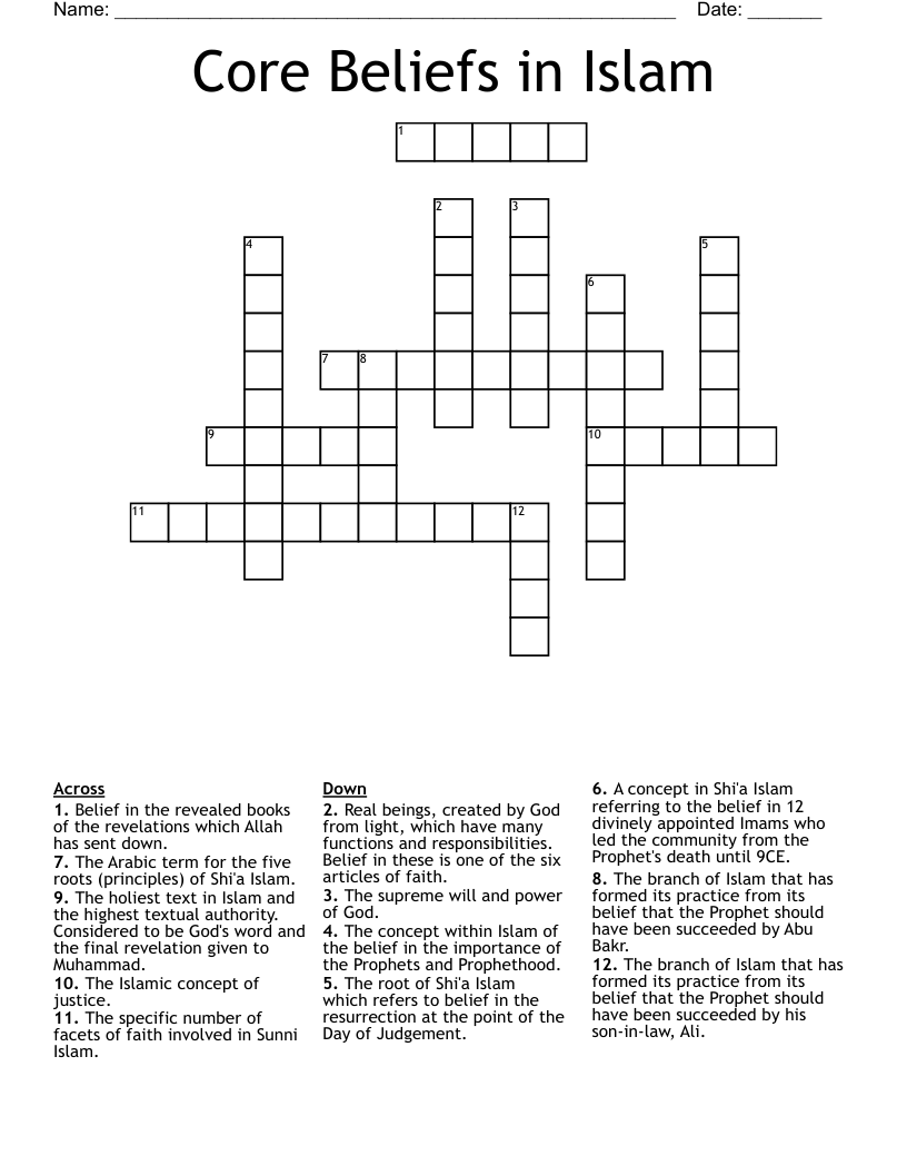 Core Beliefs In Islam Crossword WordMint