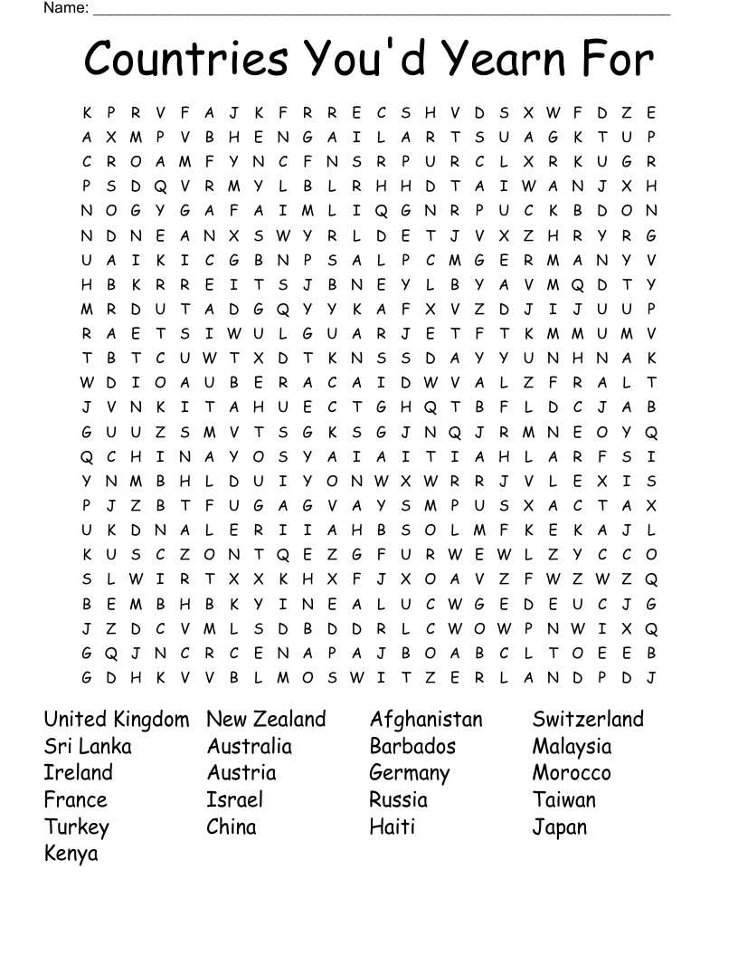 COUNTRIES AROUND THE WORLD Word Search WordMint