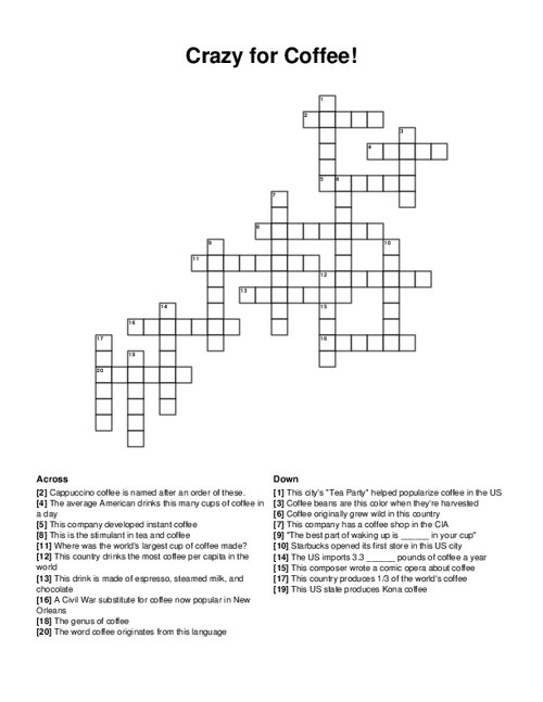 Crazy For Coffee Crossword Puzzle Crazy For Coffee Crossword Puzzle