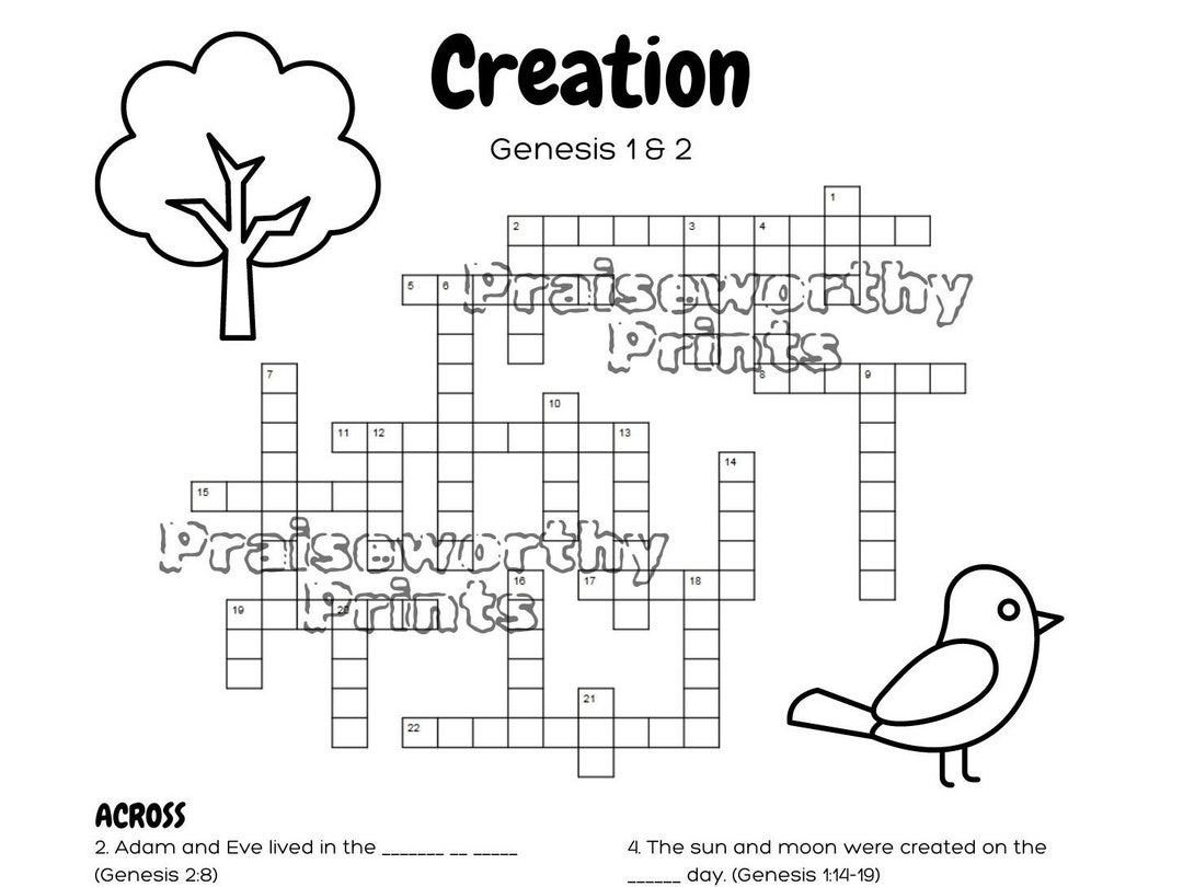 Creation Crossword Digital Download Bible Class Resource Childrens Bible Activity Genesis Study For Kids Sunday School Printable Etsy