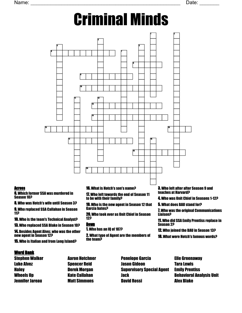Criminal Minds Crossword WordMint Criminal Minds Crossword WordMint