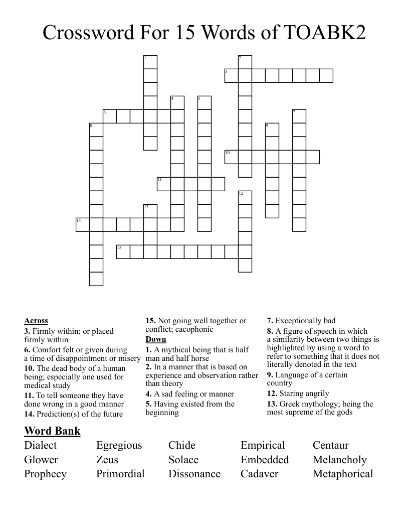 Crossword For 15 Words Of TOABK2 WordMint Crossword For 15 Words Of TOABK2 WordMint