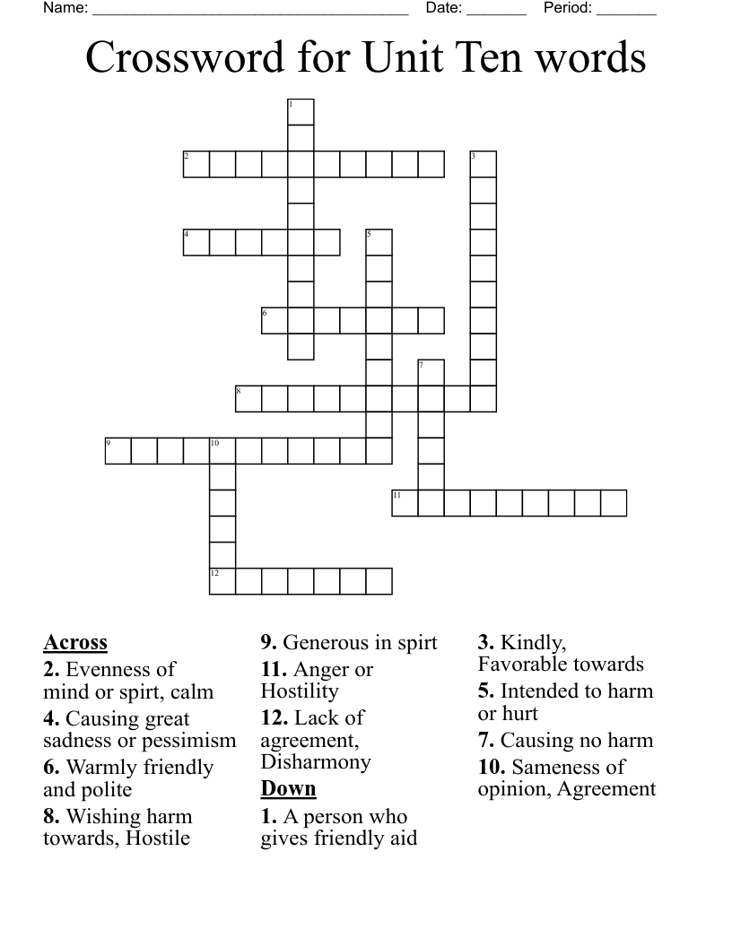 Crossword For Unit Ten Words WordMint