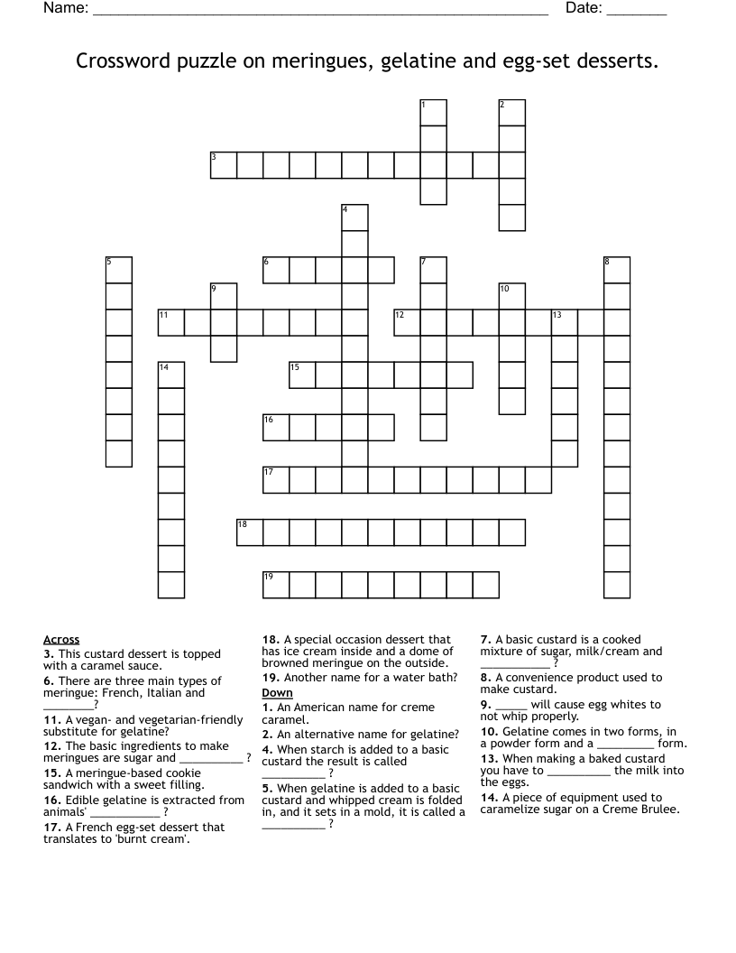 Crossword Puzzle On Meringues Gelatine And Egg set Desserts WordMint