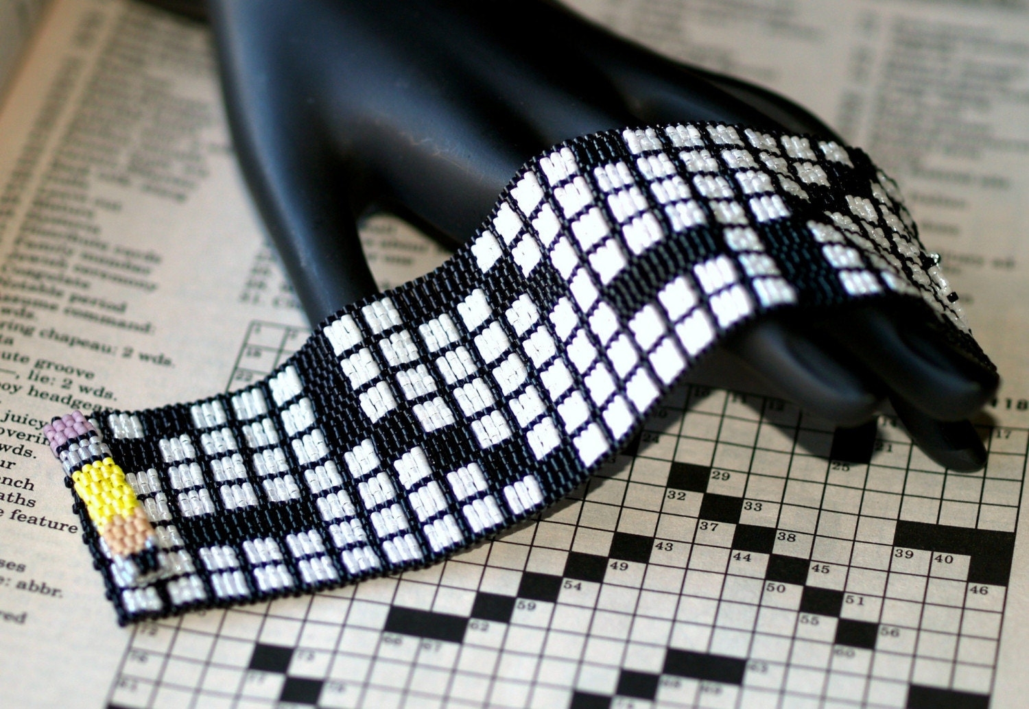 Crossword Puzzle Peyote Bracelet Beadwoven Cuff Black And White 