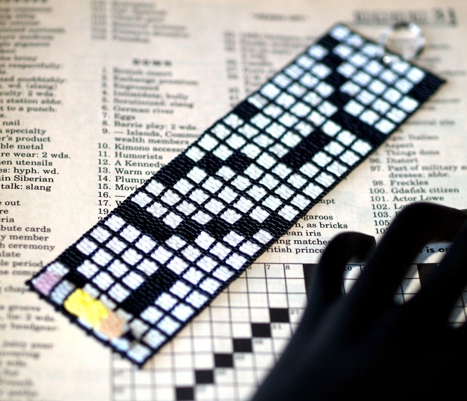 Crossword Puzzle Peyote Bracelet Beadwoven Cuff Black And White 