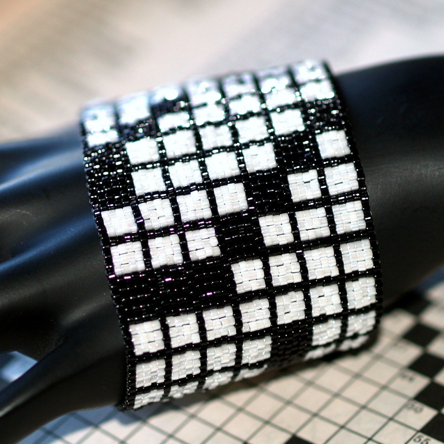 Crossword Puzzle Peyote Bracelet Beadwoven Cuff Black And White 