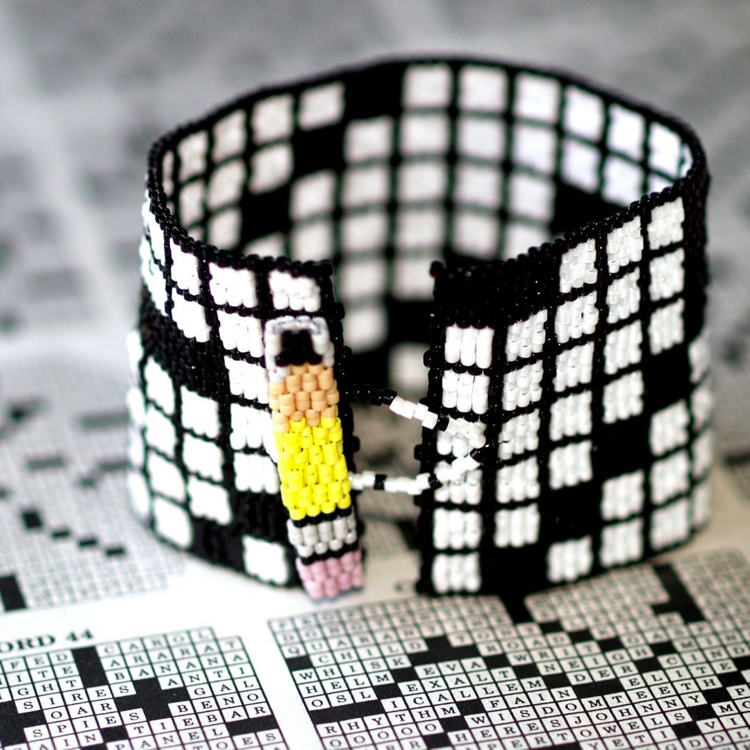 Crossword Puzzle Peyote Bracelet Beadwoven Cuff Black And White 