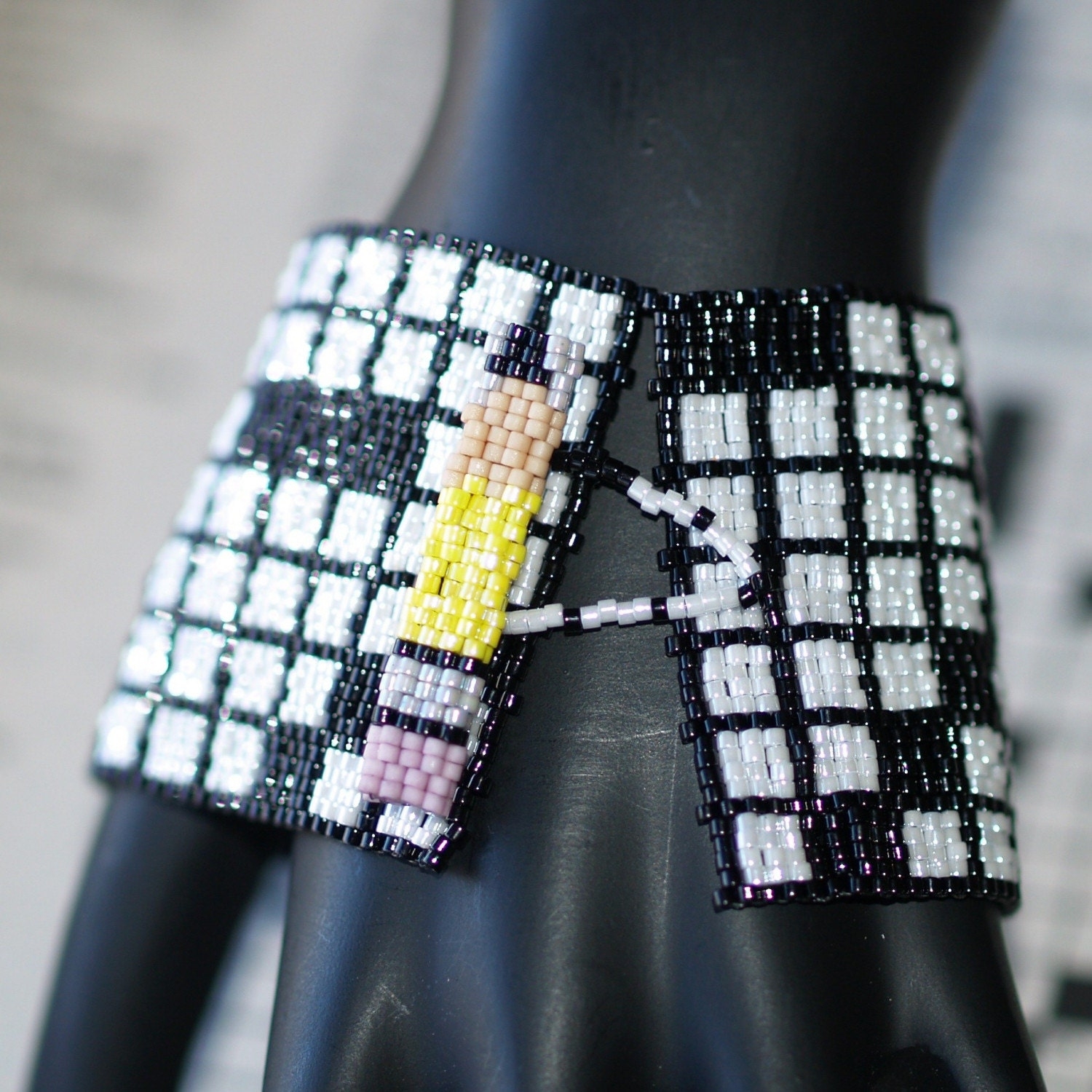 Crossword Puzzle Peyote Bracelet Beadwoven Cuff Black And White 