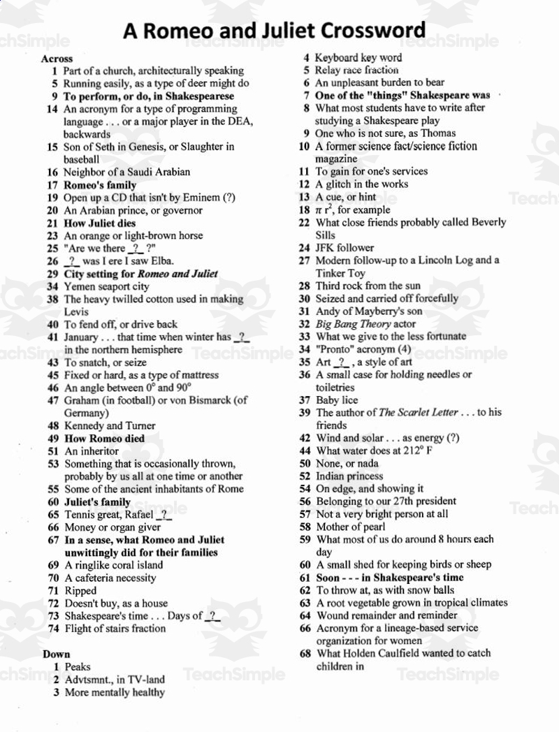 Crossword Puzzle Romeo And Juliet By Teach Simple