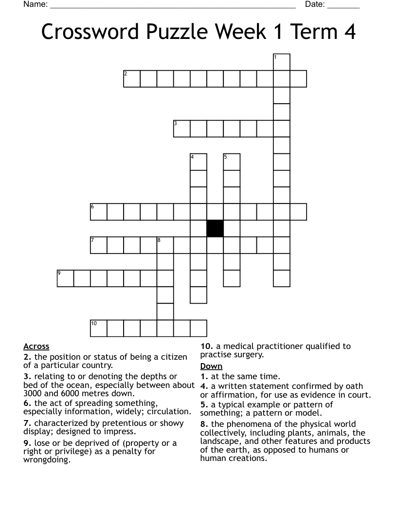 Crossword Puzzle Week 1 Term 4 WordMint