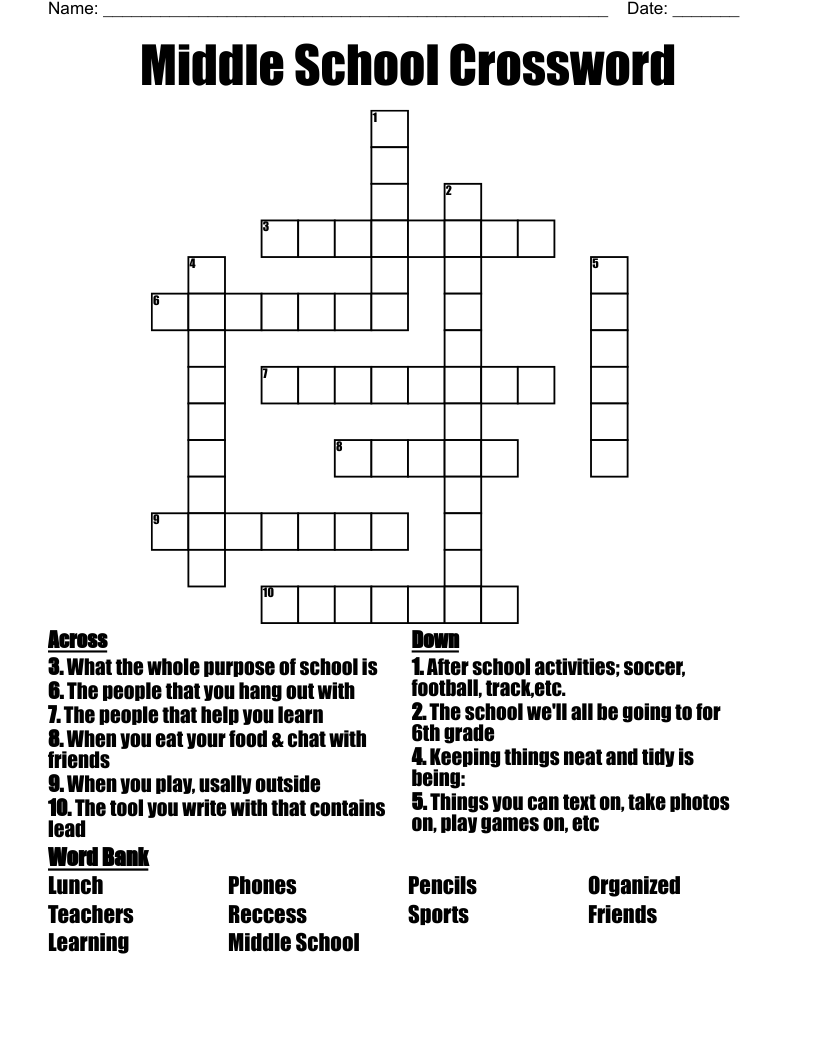 Crossword Puzzles Middle School Printable Puzzle Template