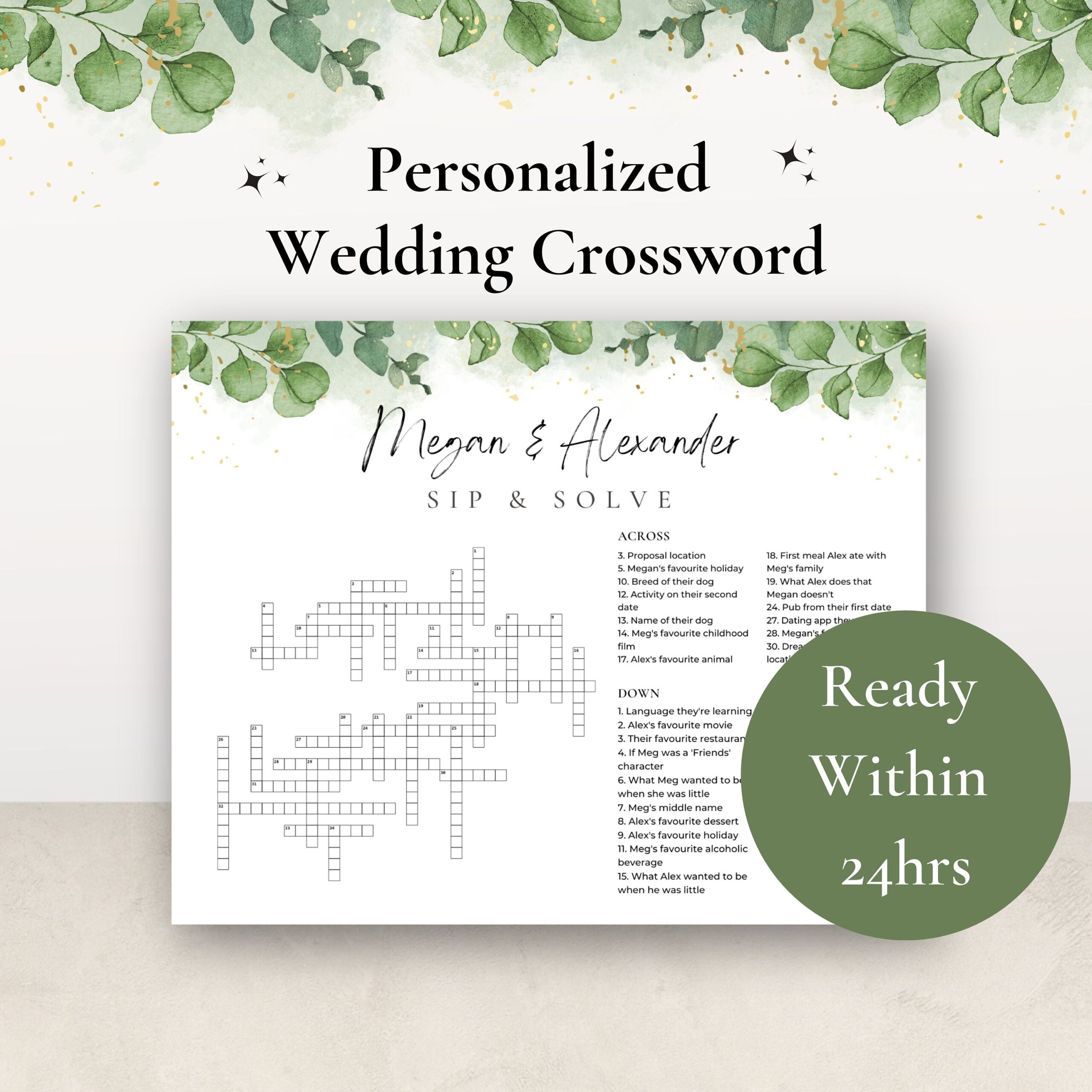 Custom Crossword Puzzle For Wedding With Sage Green Eucalyptus Personalized Sip And Solve Reception And Cocktail Hour Wedding Guest Game Etsy