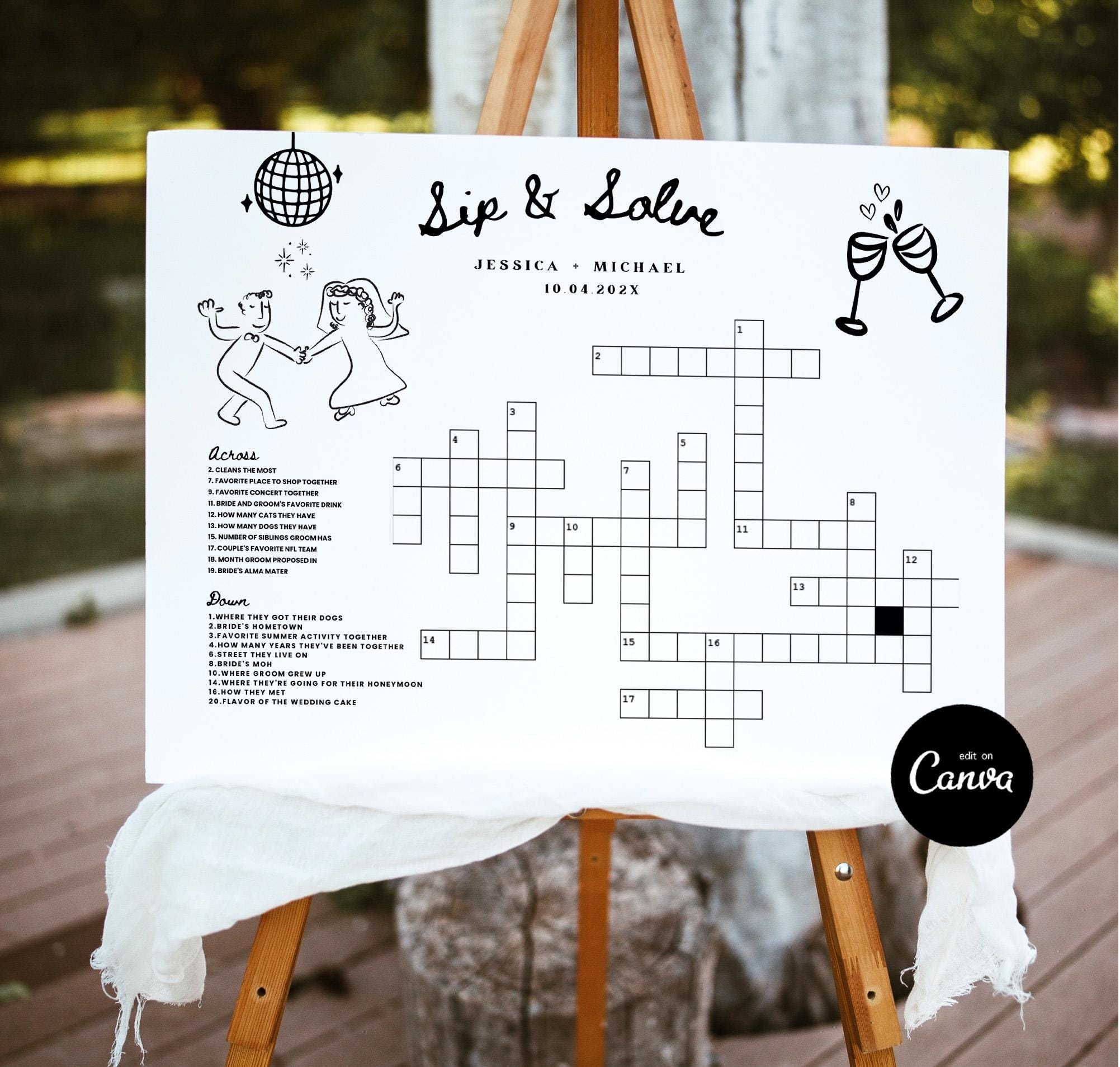 Custom Wedding Crossword Puzzle Template Hand Drawn Sip And Solve Puzzle Whimsical Wedding Guest Games Print Personalized Puzzle For Couple Etsy