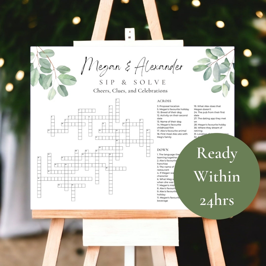 Custom Wedding Crossword Puzzle With Sage Green Wedding Design Sip And Solve Wedding Puzzle Large Print Done For You Personalization Etsy
