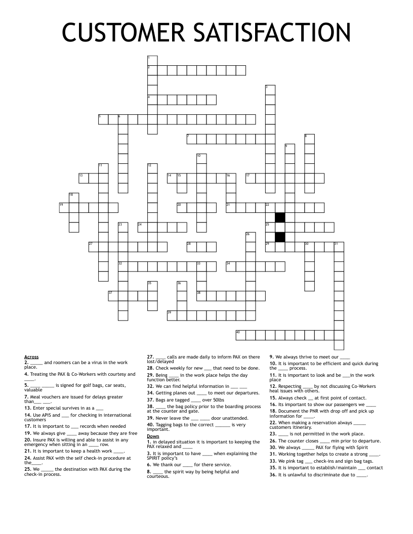 CUSTOMER SATISFACTION Crossword WordMint CUSTOMER SATISFACTION Crossword WordMint