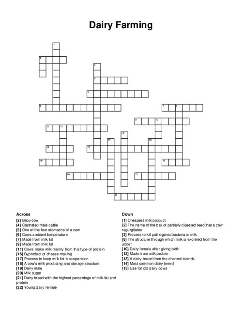 Dairy Farming Crossword Puzzle