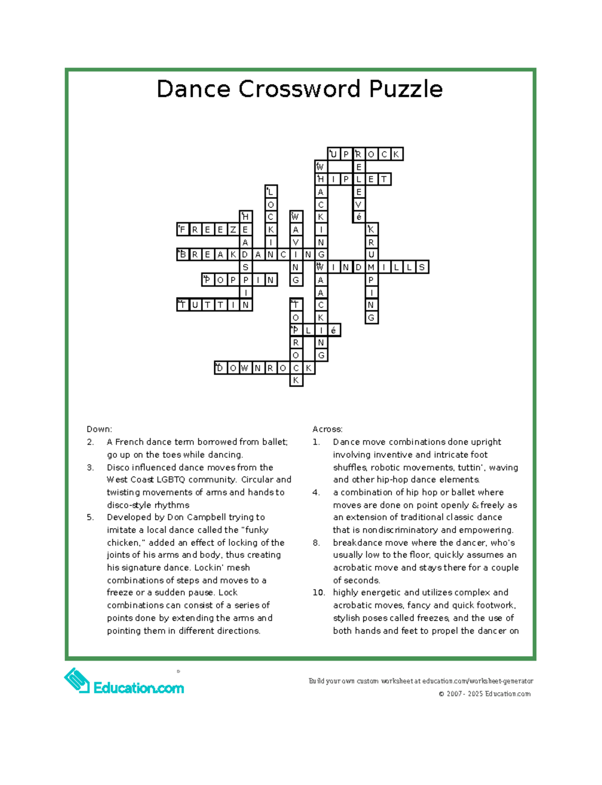 Dance Crossword Puzzle 1 Hip Hop Breakdance Terms Studocu