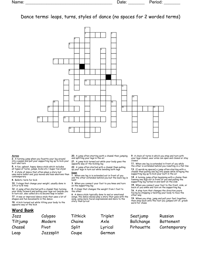 Dance Terms Leaps Turns Styles Of Dance no Spaces For 2 Worded Terms Crossword WordMint