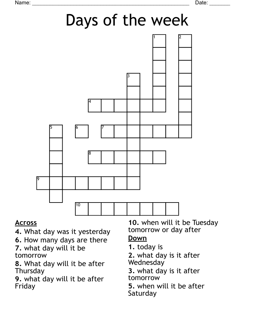 Days Of The Week Crossword Puzzle Printable Astra edu pl