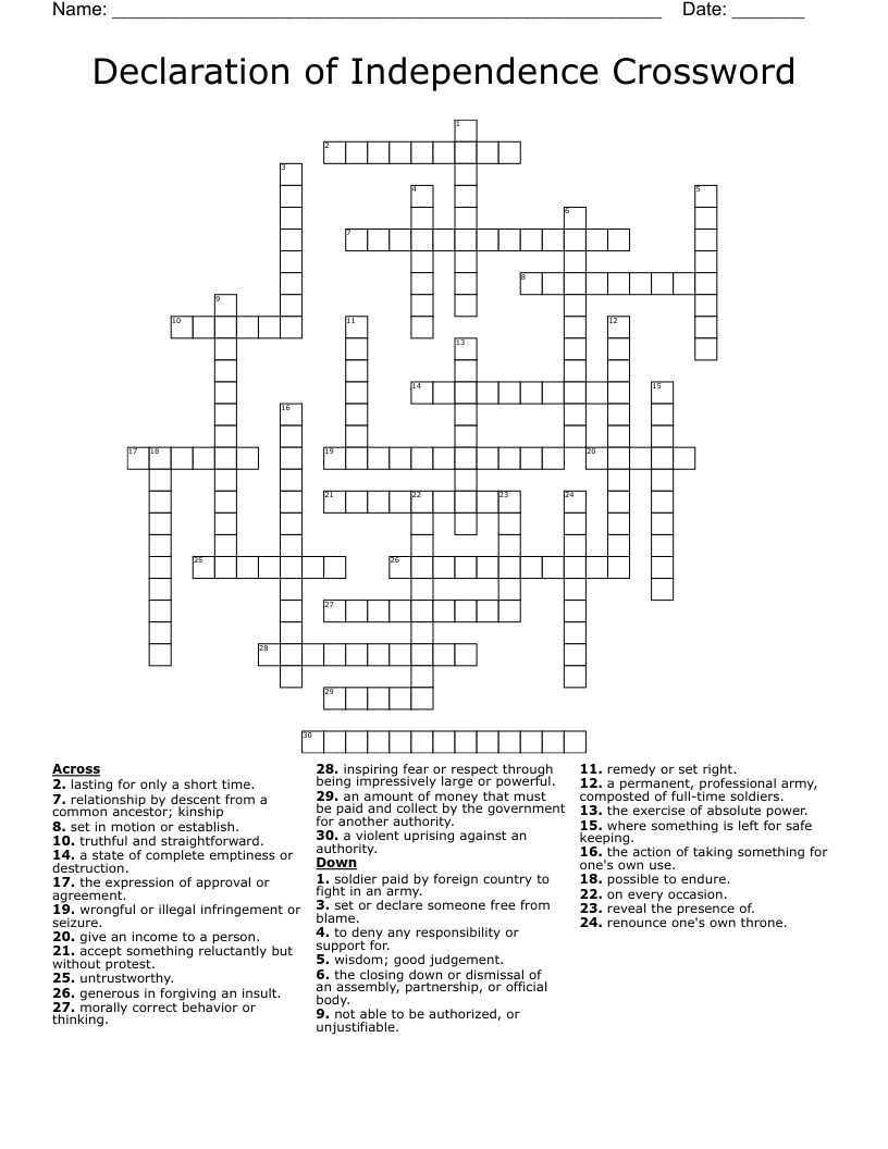 Declaration Of Independence Crossword WordMint