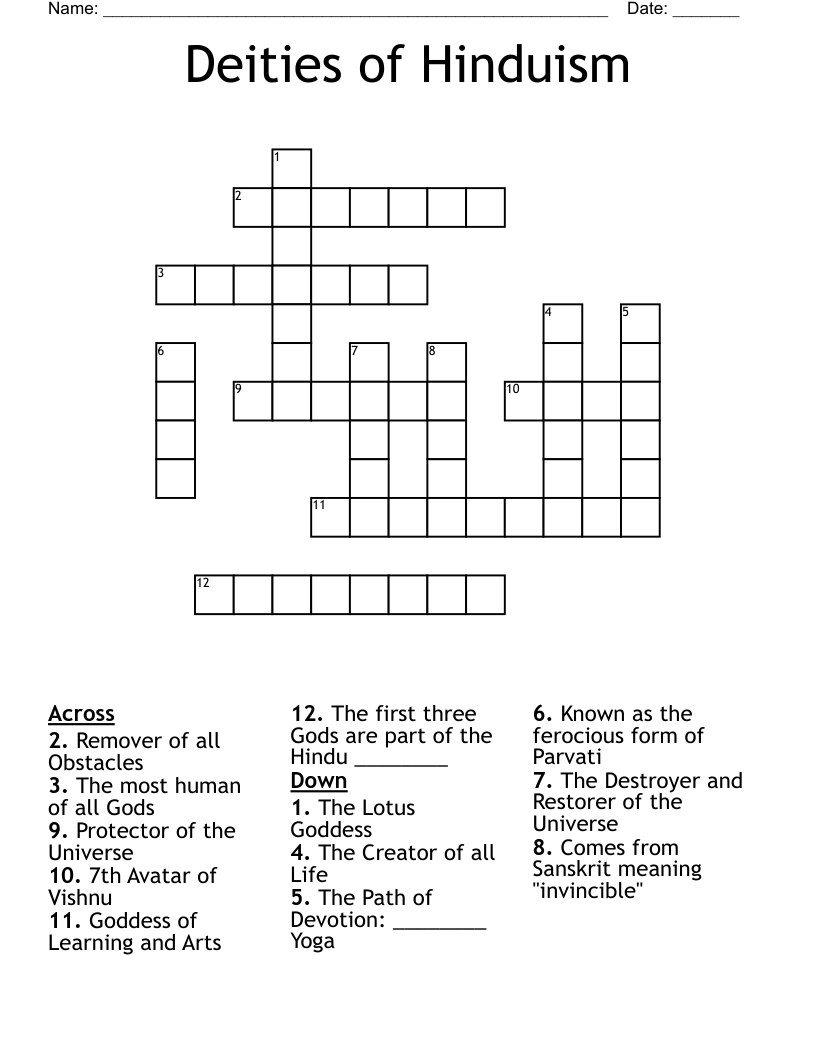 Deities Of Hinduism Crossword WordMint