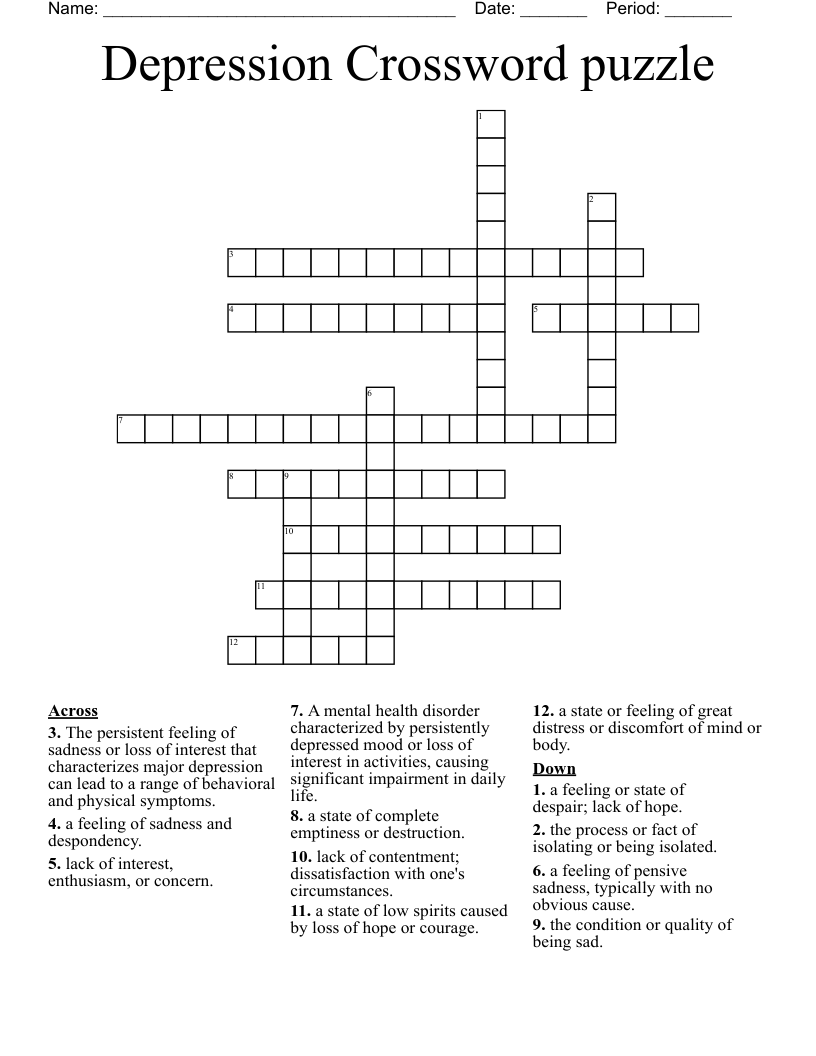 Depression Crossword Puzzle WordMint