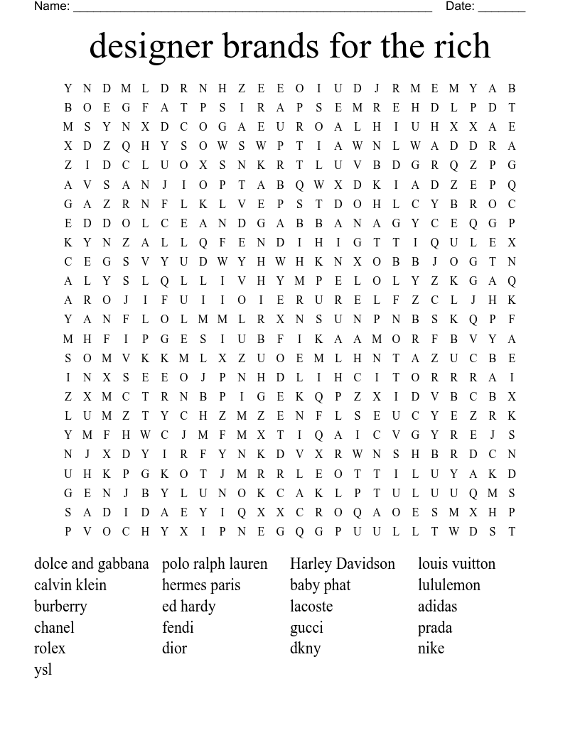 Designer Brands For The Rich Word Search WordMint