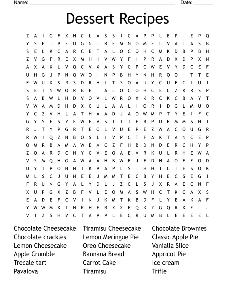 Dessert Recipes Word Search WordMint