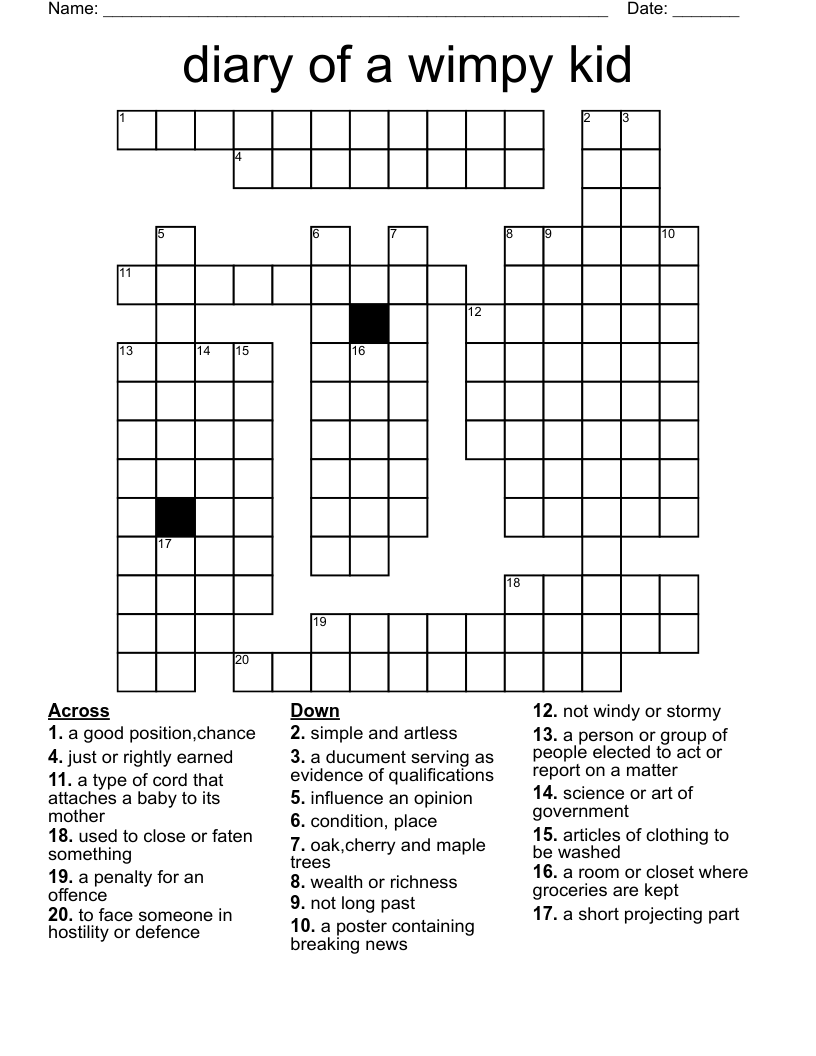 Diary Of A Wimpy Kid Crossword WordMint