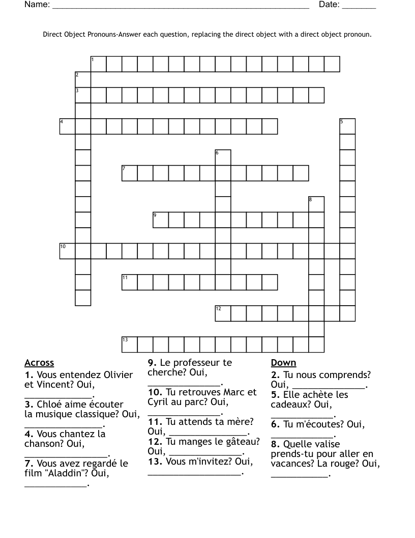 Direct Object Pronouns Answer Each Question Replacing The Direct Object With A Direct Object Pronoun Crossword WordMint Direct Object Pronouns Answer Each Question Replacing The Direct Object With A Direct Object Pronoun Crossword WordMint