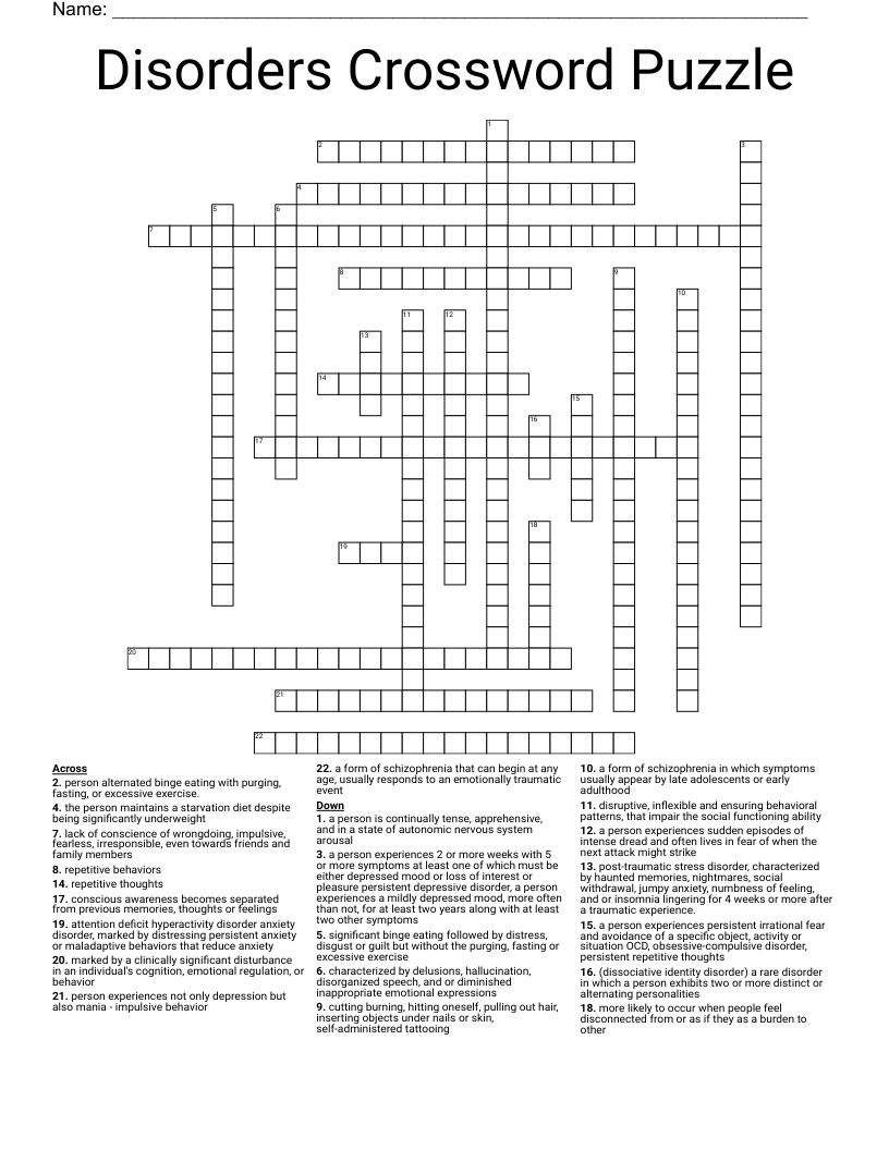 Disorders Crossword Puzzle WordMint